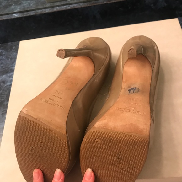 Jimmy Choo Luna 100 Taupe Patent Peep Toe Heels - Picture 5 of 7